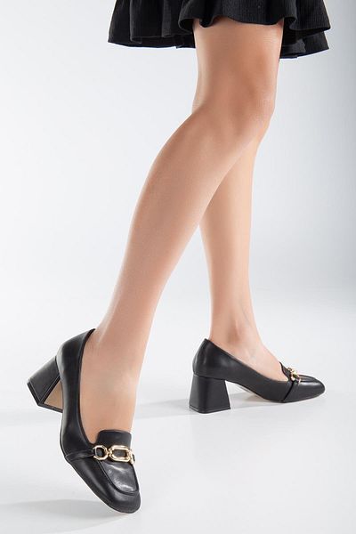 Dilimler Ayakkabı Large Small Size Blunt Toe Buckle Skin Black Women's Thick Heeled Shoes