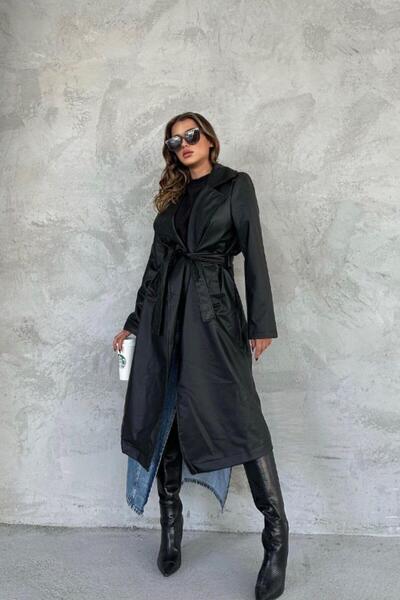 Mossta Black Leather Trench Coat - Belted and Lined