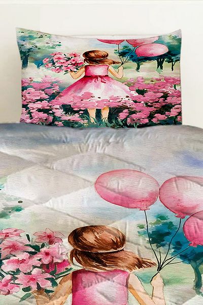 Else Dekor Pink Balloon Princess Girl Patterned Children's Single Quilted Quilt Pillowcase