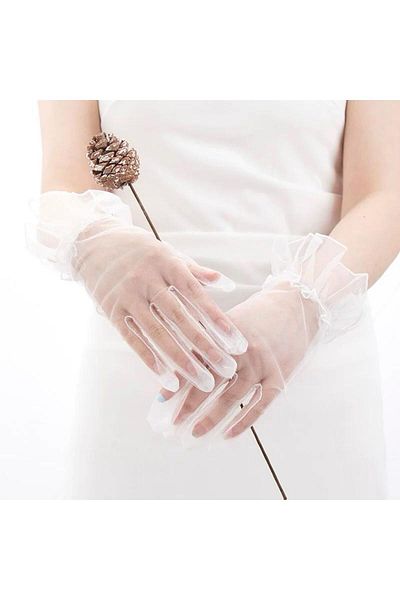 KAYAMU Short Length Lycra Laced Adult Tulle Gloves White Color (K0)
