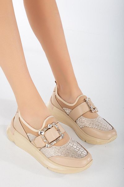 Dilimler Ayakkabı Stoned Thick Talpa Stretch Bej Mocasini de damă Pantofi casual