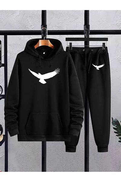 WOODROFFE Σετ αθλητική φόρμα με κουκούλα με στάμπα Eagle μαύρο γκρι - Oversize Boyfirend