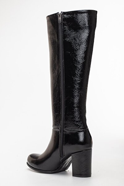 Dilimler Ayakkabı Γυναικείες μπότες με τακούνι με φερμουάρ, τσαλακωμένο λουστρίνι, μαύρο μικρό μεγάλο μέγεθος