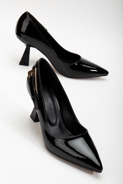 Dilimler Ayakkabı Patent Leather Black Women's Stiletto - Large Size Buckle, Goblet Heels