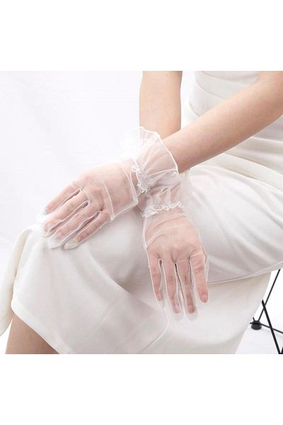KAYAMU Short Length Lycra Laced Adult Tulle Gloves White Color (K0)