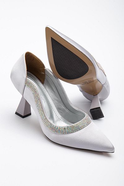 Dilimler Ayakkabı Satin Thick Row Stoned Silver Toc Stiletto pentru femei Goblet