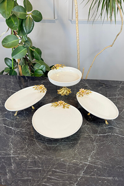 MAY HOME Papatya 4 Parça Porselen Kase Tabak Sunum Seti & Ayaklı Kase Ayaklı Tabak