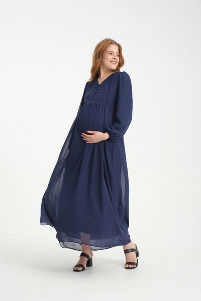 KATLİN MATERNİTY WEAR Maternity Lining Chiffon Dress with Waist Laces and Front Opening Buttons Detail (Breastfeeding)