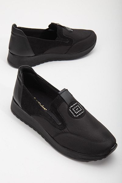 Dilimler Ayakkabı Suede and Parachute Material Black Women's Casual Shoes with Stone Detail