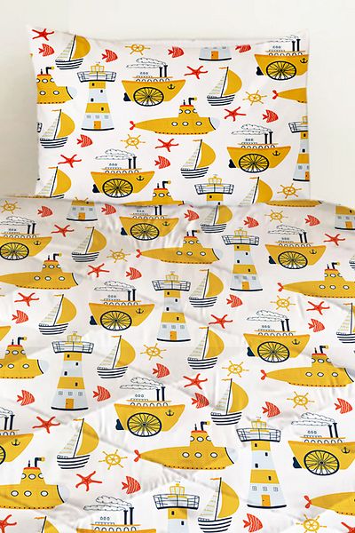 Else Dekor Yellow Submarine Sailor Ship Patterned Boy's Single Quilted Quilt Pillow with Cover