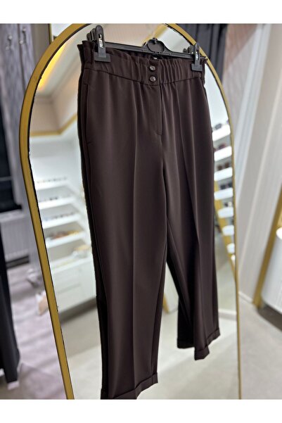 Genel Markalar Kadın Beli Lastikli Kahve Kumaş Pantolon