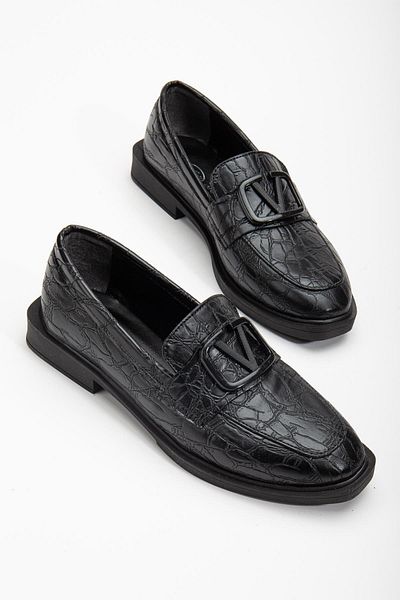 Dilimler Ayakkabı Crocodile Printed Leather Buckle Black Women's Casual Shoes