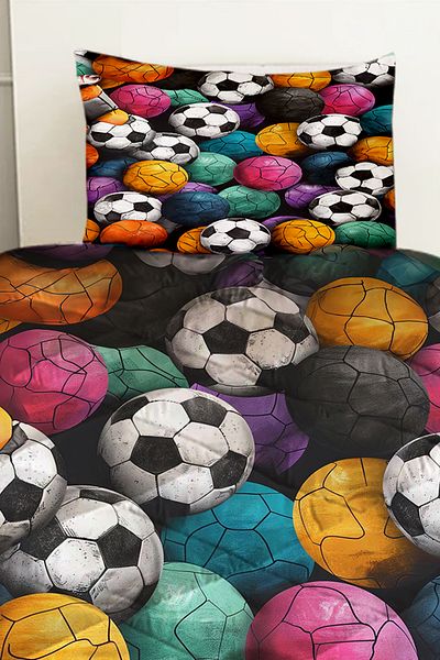 Else Dekor Colorful Balls Football Patterned Boy's Single Quilted Quilt with Pillow Case