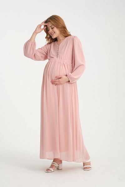 KATLİN MATERNİTY WEAR فستان شيفون للحمل - دانتيل الخصر وتفاصيل أزرار (للرضاعة)