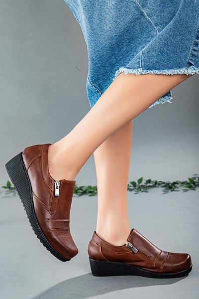 Dilimler Ayakkabı Zippered Skin Tan Women's Daily Wedge Sole Shoes