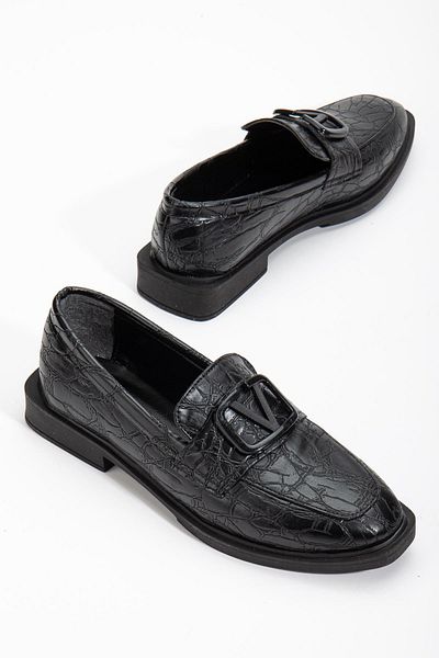 Dilimler Ayakkabı Crocodile Printed Leather Buckle Black Women's Casual Shoes