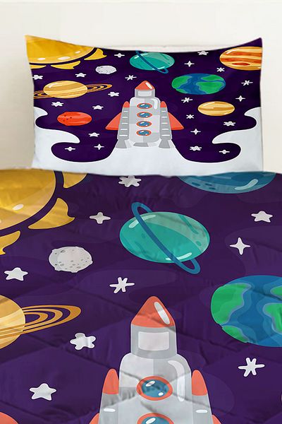 Else Dekor Spaceship Planets Patterned Children's Single Quilted Quilt Pillowcase