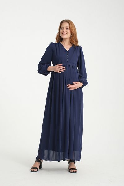 KATLİN MATERNİTY WEAR Maternity Lining Chiffon Dress with Waist Laces and Front Opening Buttons Detail (Breastfeeding)