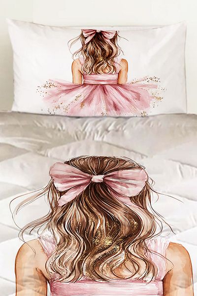 Else Dekor Pink Bow Yellow Girl Patterned Children's Single Quilted Quilt Pillow Case