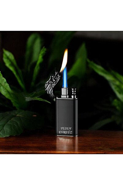 Yaprak Hediyelik Kişiye Özel Isimli Ejderha Başlıklı Çift Ateşli Metal Çakmak