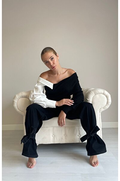 MODAKIMI KADIN GÖMLEK DETAYLI SİYAH  TRİKO KAZAK