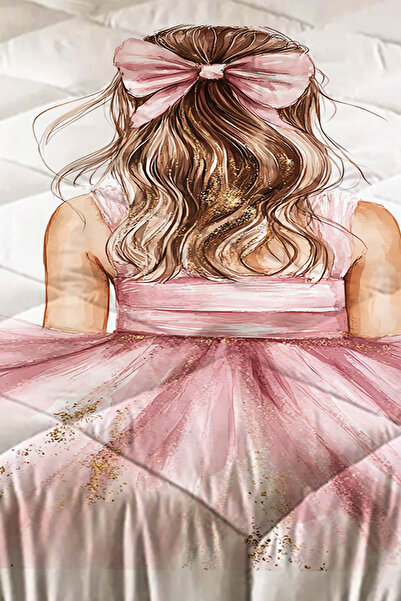 Else Dekor Cuvertură matlasată individuală pentru copii cu model de fată galbenă cu fundă roz și husă de pernă