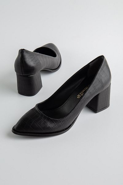 Dilimler Ayakkabı Large Size Crocodile Skin Black Women's Heeled Shoes