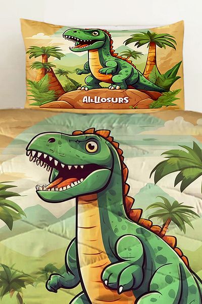 Else Dekor Dinosaur Patterned Boy's Single Quilted Quilt Pillow with Cover