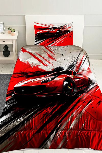 Else Dekor Red Racing Car Patterned Boy's Single Quilted Quilt Pillow with Cover