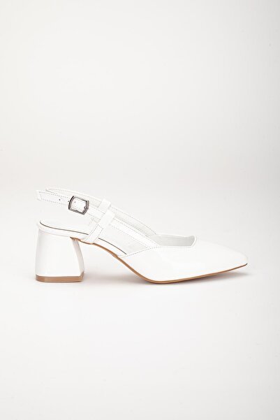 Dilimler Ayakkabı Large Size Patent Leather White Women's Heeled Shoes with Side Poles