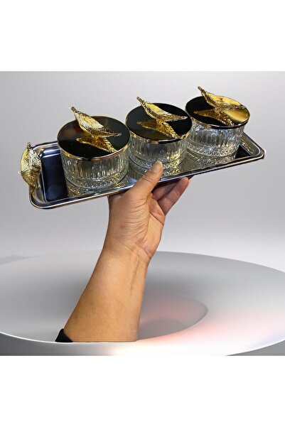 elif aksesuar Tüy Dekorlu Tepsili 3 Lü Kapaklı Çerezlik  Sunum Kasesi