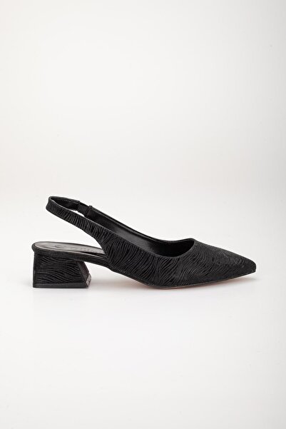 Dilimler Ayakkabı Large Size Shiny Striped Leather Black Women's Heeled Shoes