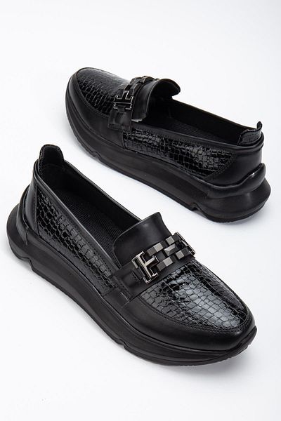 Dilimler Ayakkabı Thick Sole Black Women's Loafer Casual Shoes with Chain Accessories