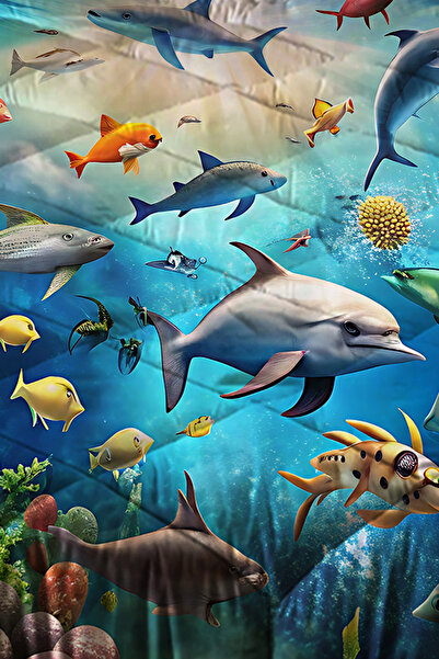 Else Dekor Fishes Patterned Underwater - Children's Single Quilted Quilt Pillow