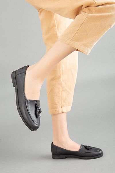 Dilimler Ayakkabı Tasseled Skin Black Women's Casual Shoes