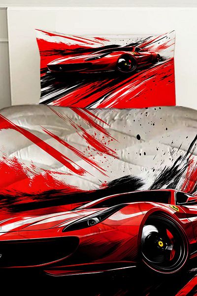 Else Dekor Red Racing Car Patterned Boy's Single Quilted Quilt Pillow with Cover