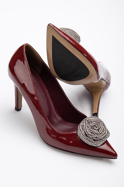 Dilimler Ayakkabı Patent Leather Thin Heel Burgundy Skin Women's Stiletto