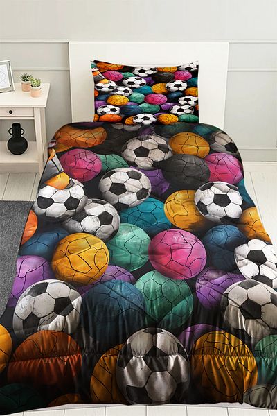 Else Dekor Colorful Balls Football Patterned Boy's Single Quilted Quilt with Pillow Case