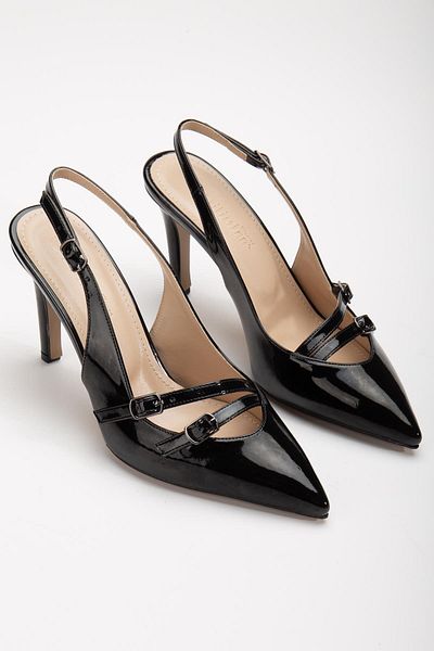 Dilimler Ayakkabı Black Women's Stiletto - Thin Heeled Shoes with Two Buckles and Open Back