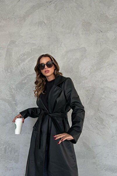 Mossta Μαύρη δερμάτινη καμπαρντίνα - με ζώνη και επένδυση