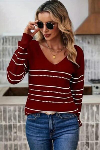 Mossta Πλεκτή μπλούζα με βαθύ V λαιμόκοψη και σχέδιο ρίγες, μπορντό