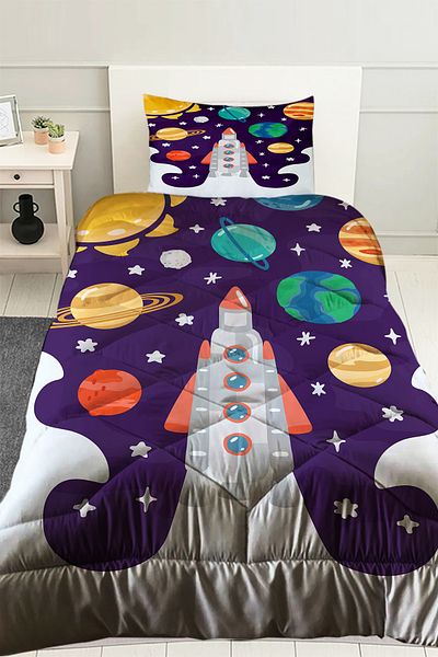 Else Dekor Spaceship Planets Patterned Children's Single Quilted Quilt Pillowcase