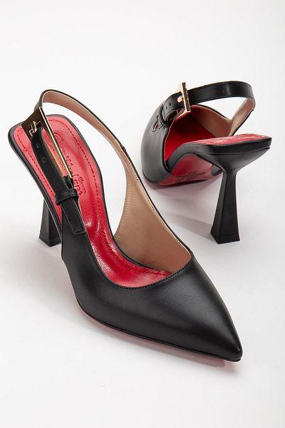 Dilimler Ayakkabı Black Stiletto - Face, Large Buckle and Heel Open Women's Shoes