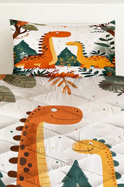Else Dekor Cute Dinosaurs Patterned Boy's Single Quilted Quilt Pillow with Case