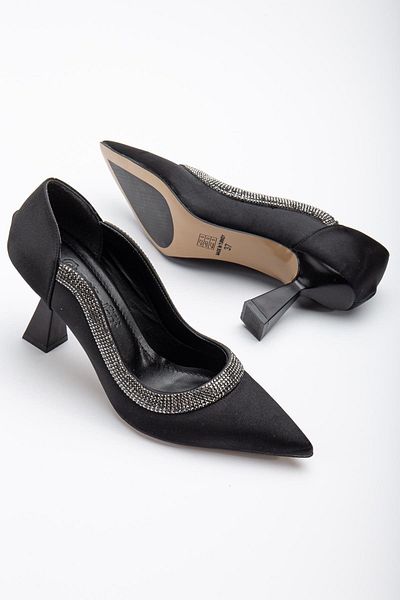 Dilimler Ayakkabı Satin Thick Row Stoned Black Women's Goblet Heel Stiletto