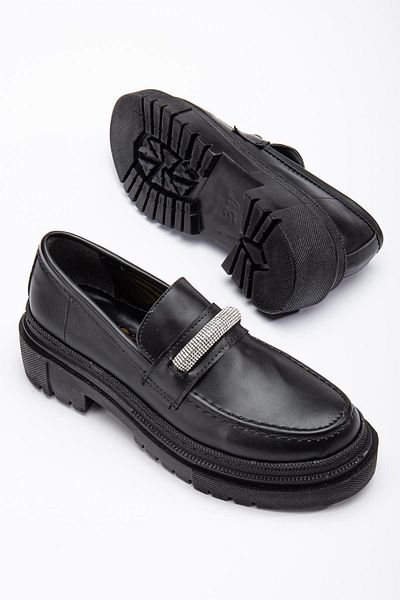 Dilimler Ayakkabı Thick Sole Stoned Black Women's Loafer Casual Shoes