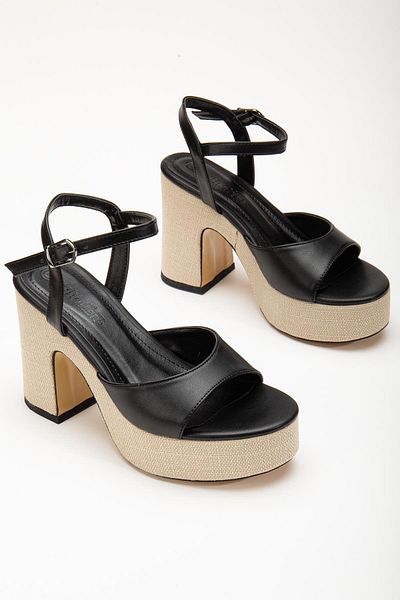 Dilimler Ayakkabı Straw Coated Sole Hard Hat Skin Black Women's Platform Heel Shoes