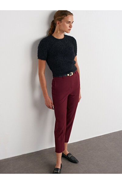 Dilvin 71293 Kemerli Yüksek Bel Pantolon-Bordo