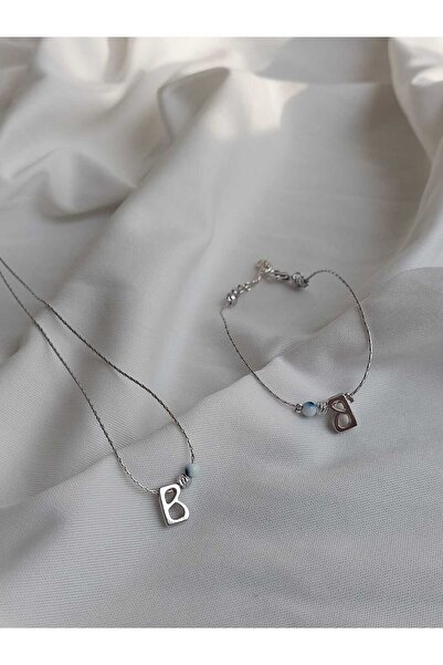 bijoux uniques طقم قلادة وسوار مطلي بتفاصيل خرز عين الشر على شكل حرف B