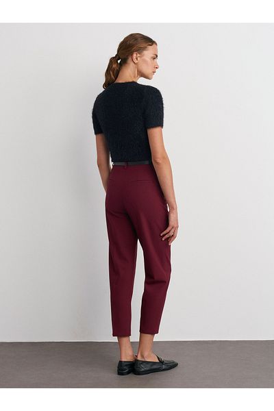 Dilvin 71293 Belted High Waist Trousers-Burgundy